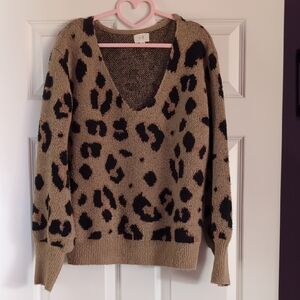 Anthropologie Leopard Print V-Neck Sweater Tan Black